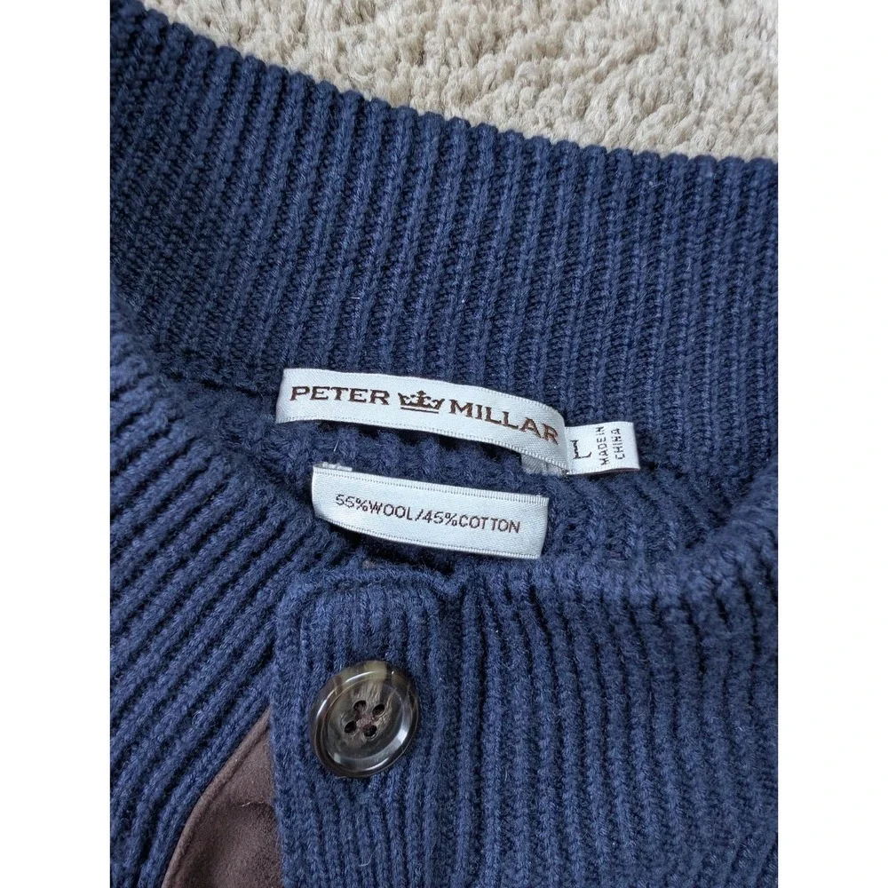 Peter Millar Button Down Wool Sweater Mens Large‎ Navy Elbow Patches Blue Knit